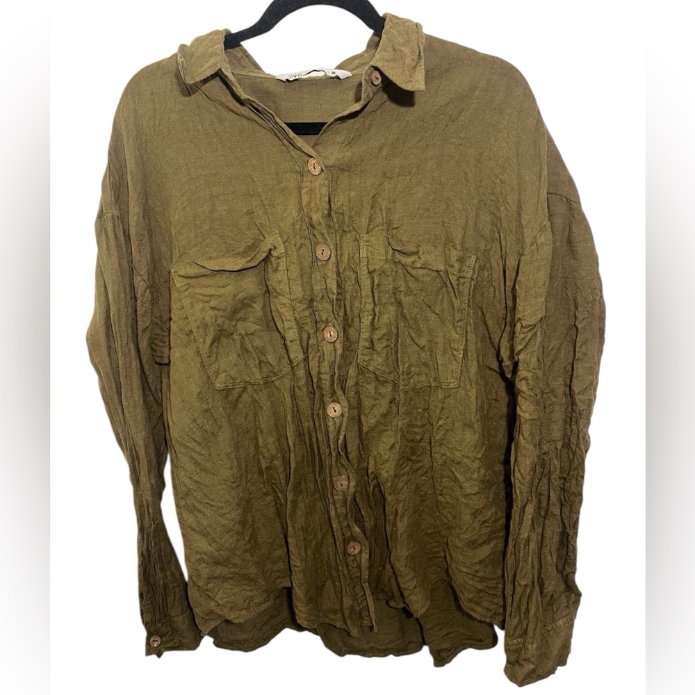 Zara Olive 100% Linen Button-Up Shirt